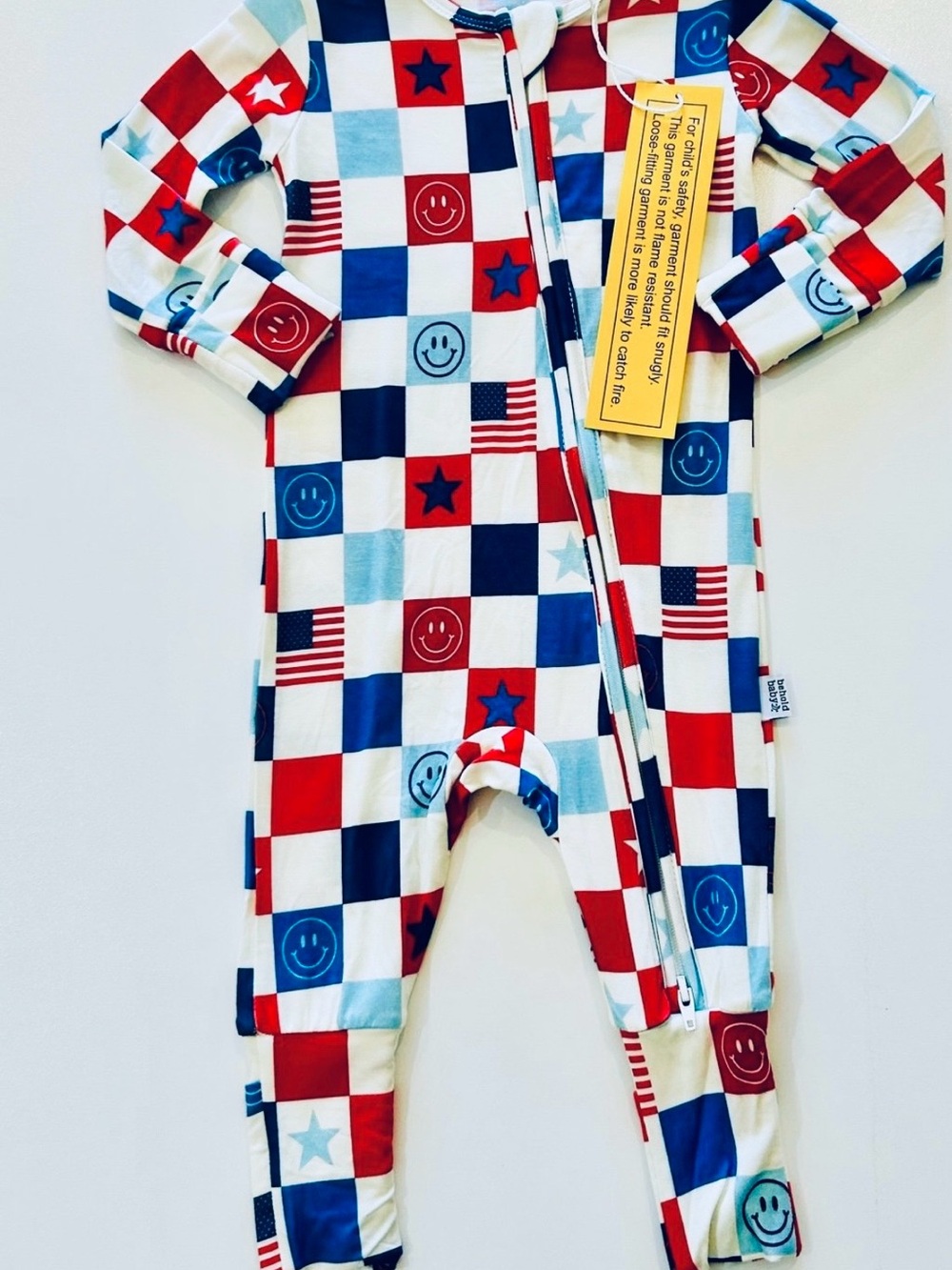 Smiley Flag Print Kids One-Piece Bamboo Convertible Zippy  - Red, Blue & White